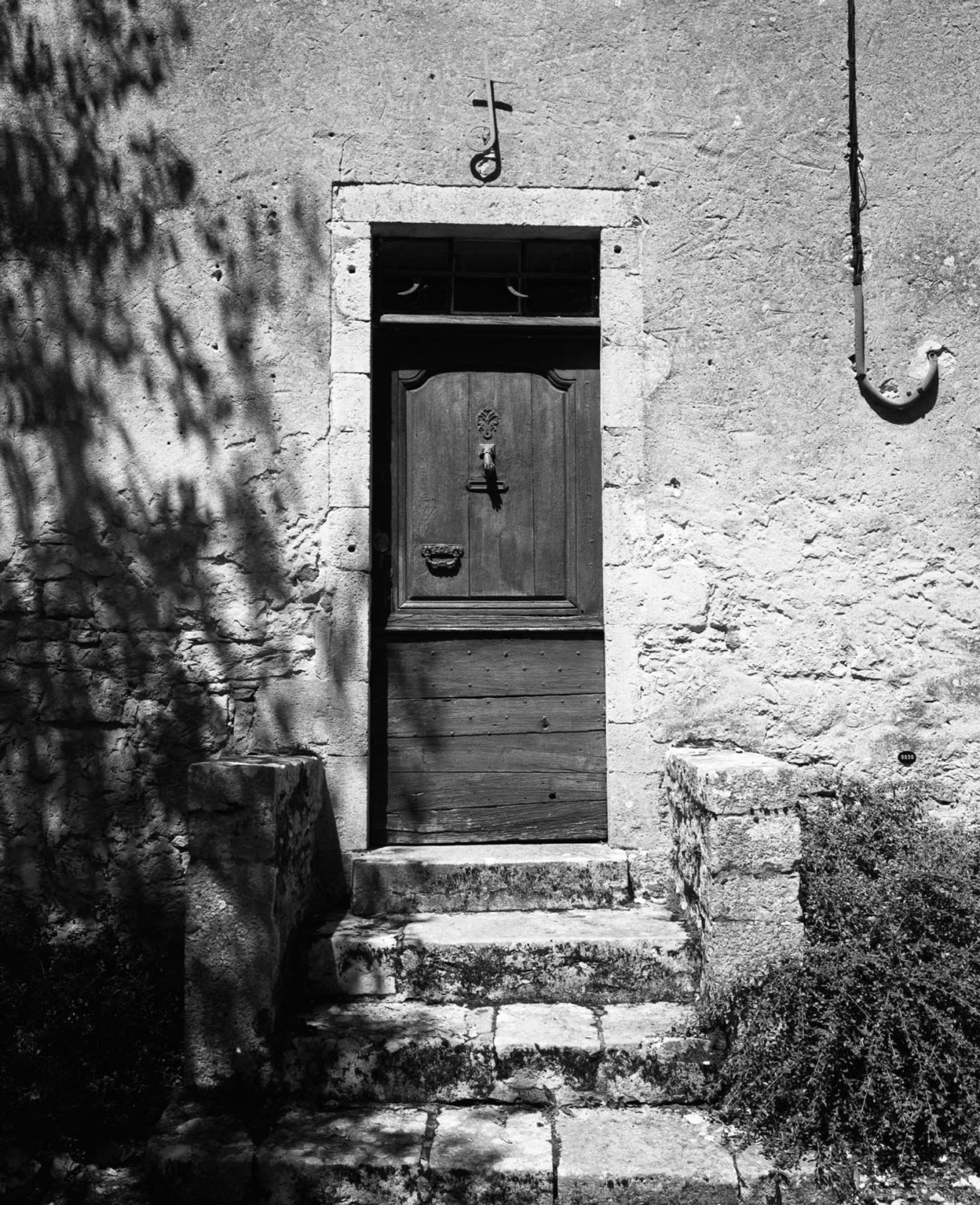Sunlight and foliage shadows around a doorway in a stone wall.